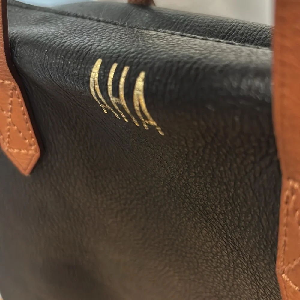 Madewell zip top transport carry all Black Leather Tote Bag monogram initials